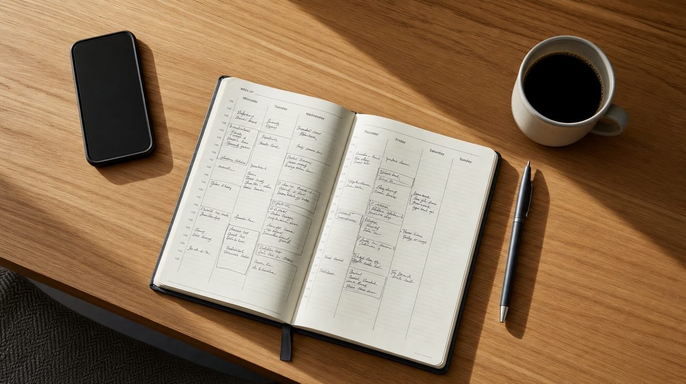 Desk with an open calendar showing booked meeting slots