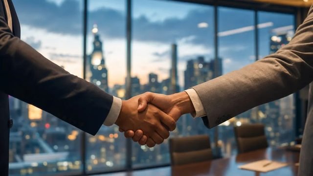 Handshake between two professionals in a boardroom at dusk