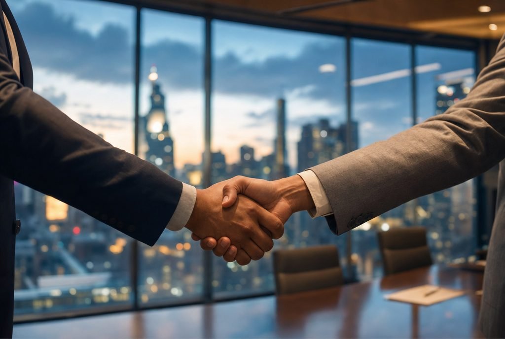 Business handshake in a modern boardroom with a city skyline at dusk