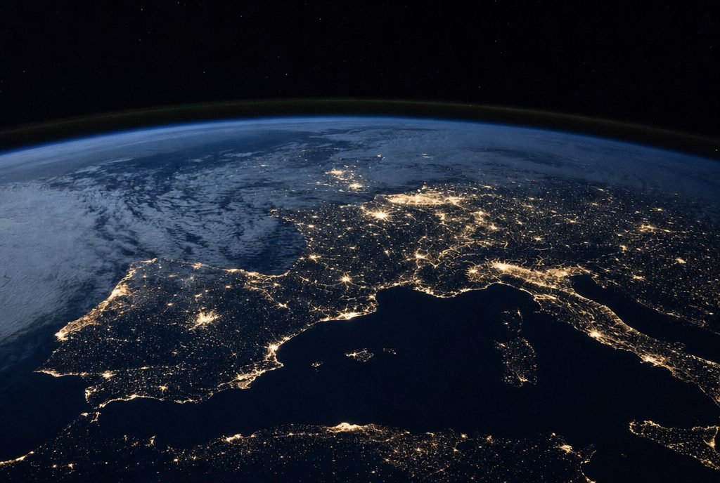 Stylized globe of glowing blue connection arcs linking continents