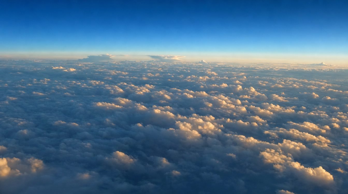 Light rays rising through a sea of clouds at dawn, in LeadsHeaven brand blues