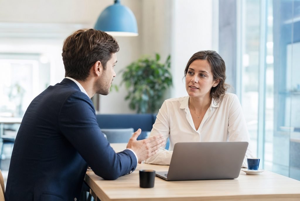 Two professionals in a productive B2B sales meeting in a bright modern office